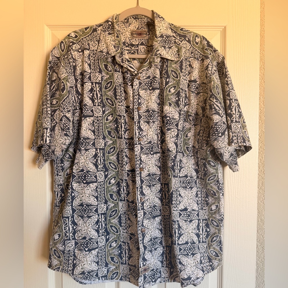 Vintage Men’s Hawaiian Patterned Shirt Large Country Seat Cotton Linen Blend EUC
